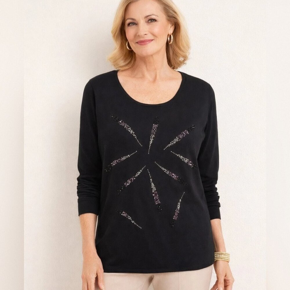 NY Collection Black Beaded 3/4 sleeve Top Women's Sz 3X